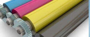 blue, pink and yellow printer rolls