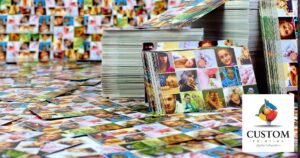 a table with printed pictures